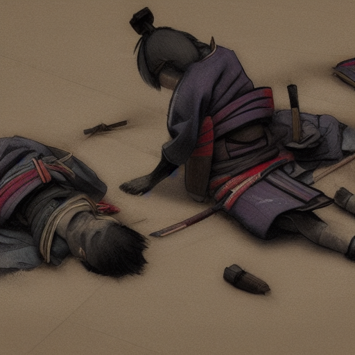 Two samurais laying still on the ground as the other five samurais and villagers mourn their loss.